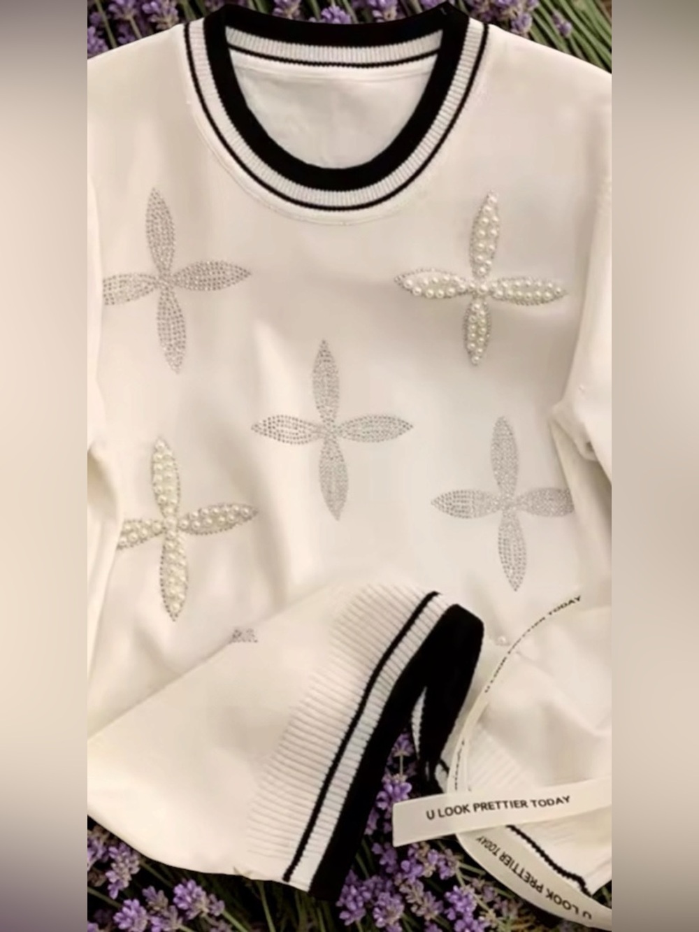White Crewneck Sweatshirt with Black Trim and Crystal Cross Accents